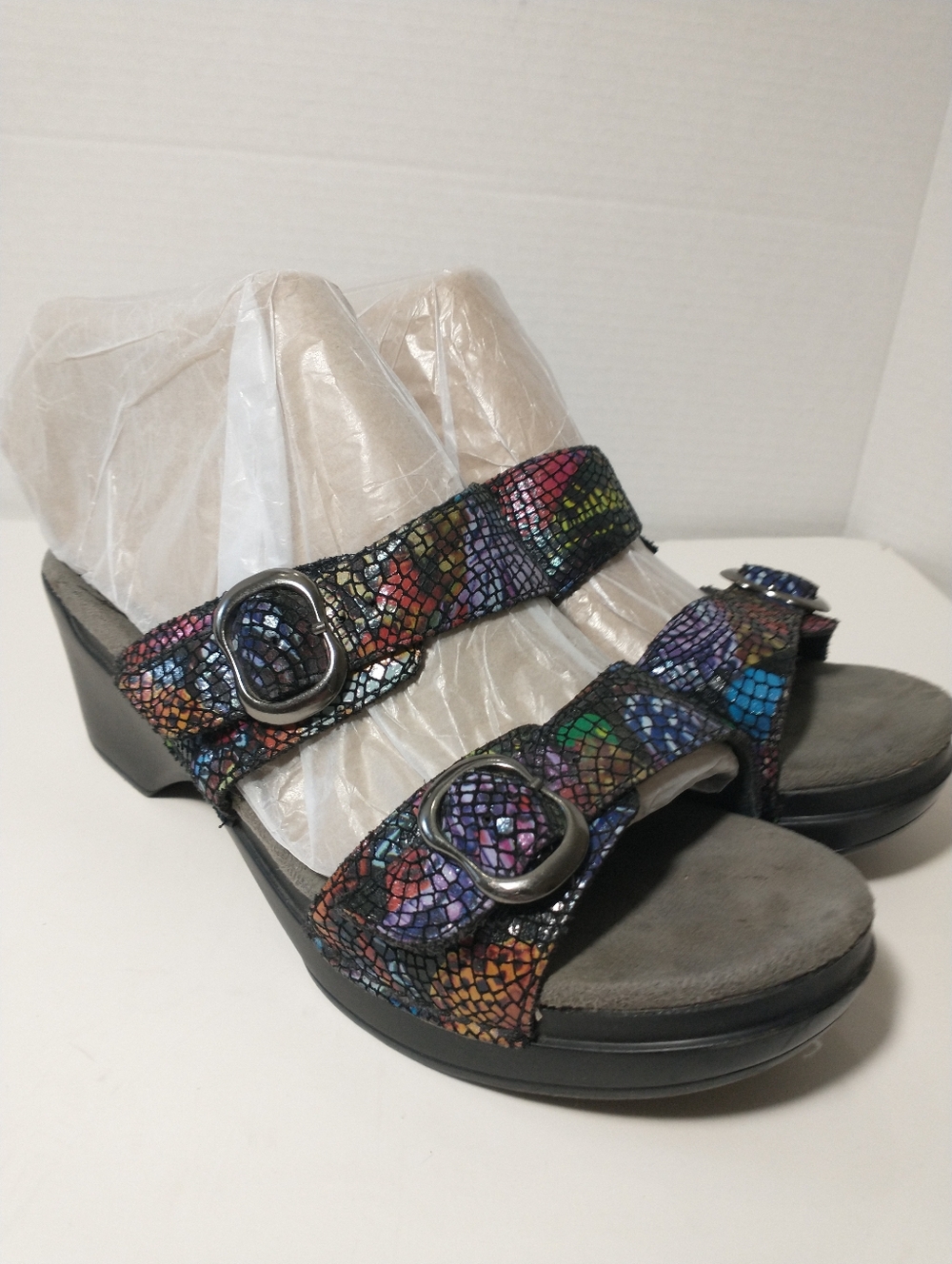 Dansko Multicolor Mosaic Buckle Heeled Sandals, Size 39, US 8.5, Adjustable
